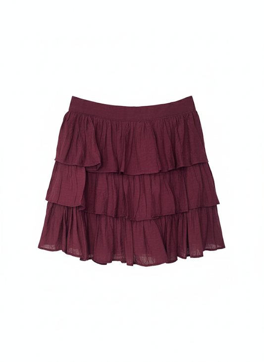 Falda corta de 3 olanes en Tencel color guinda vino para dias luminosos