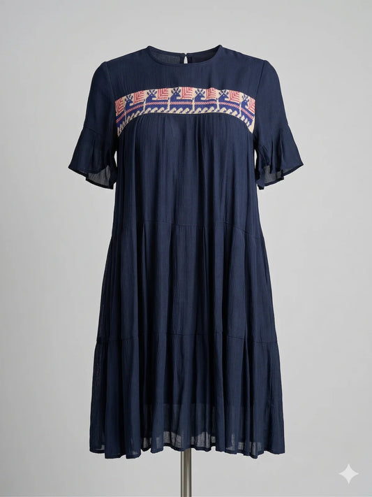 Vestido corto Azul Marino bordado de Coatlán