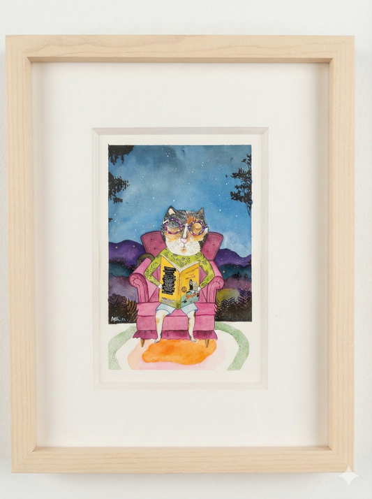 Acuarela original de un gatito leyendo, creada por un artista mexicano emergente en Oaxaca. Ideal para coleccionistas de arte contemporáneo mexicano