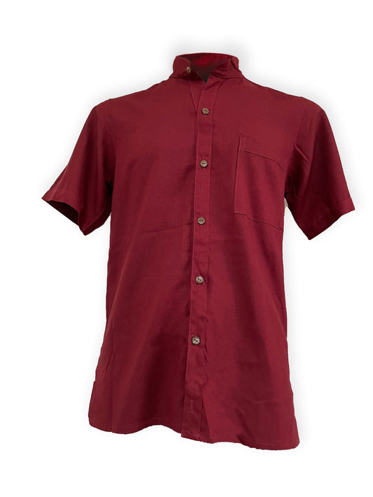 Camisa Herrería, de lino, manga corta color vino, tallas CH, M, G