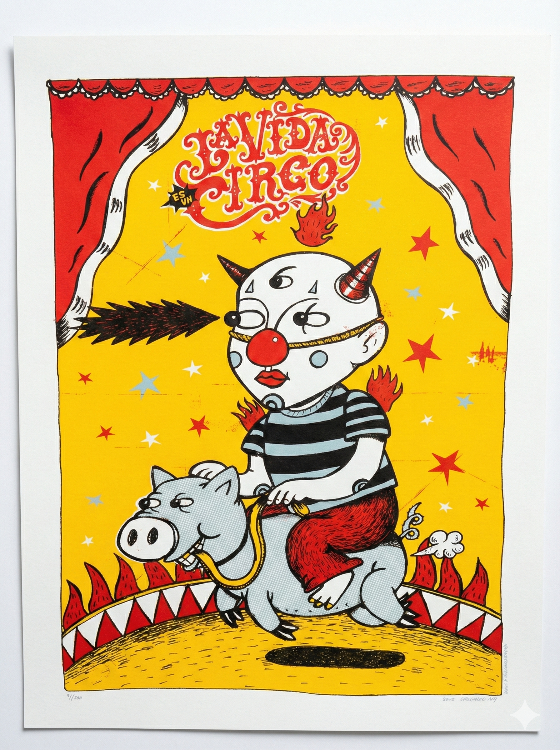 Cartel Zovek La Vida es un Circo, serigrafía 50×66 cm; collage surrealista.